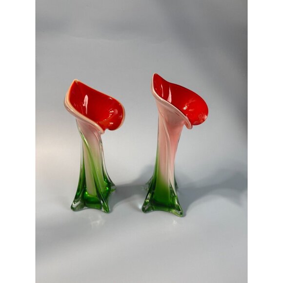 Pair Of Vintage Murano Jack In The Pulpit Calla Lily Vases Italy 8" & 9" - Picture 4 of 9